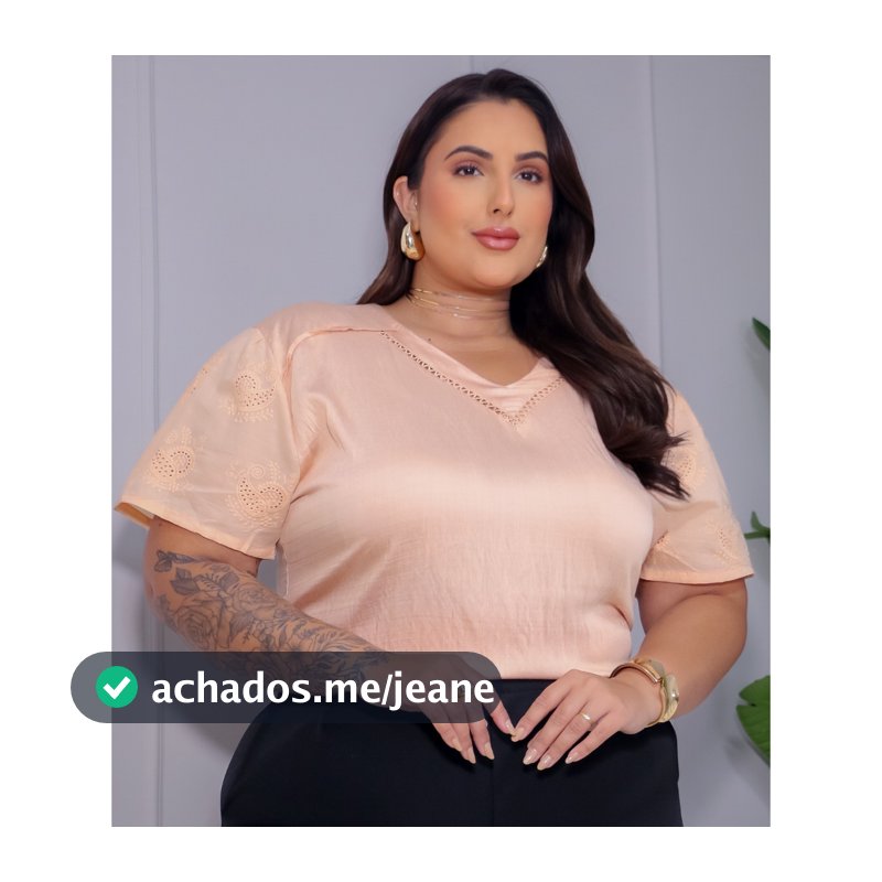 Blusa Feminina Plus Size Manga Curta Bordada Princesa Vazada