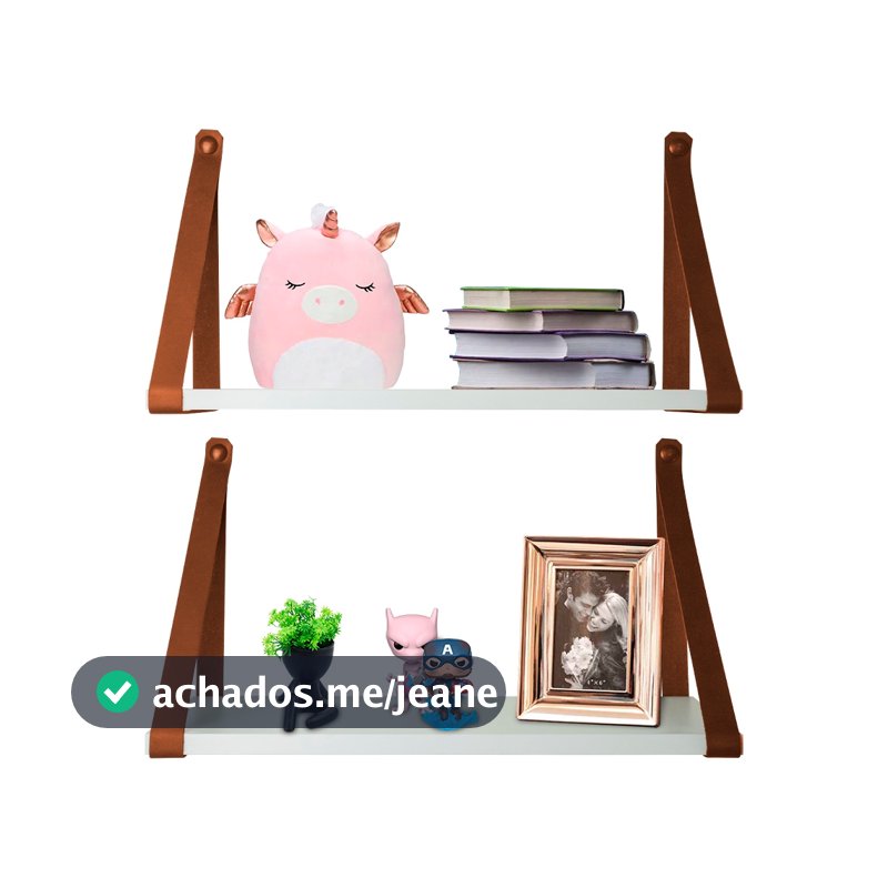 kit com 2 prateleiras branca com alça de couro ecológico caramelo