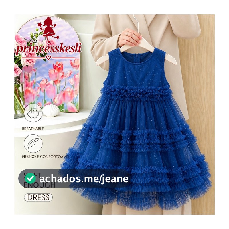 Vestido Infantil Menina de Tule com Babados em Camadas Sem Mangas para Festa, Aniversário, Viagem e Dia a Dia