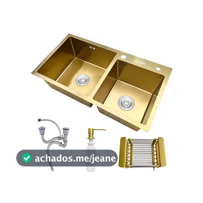 Cuba Dupla Pia Gourmet 78x43 Cozinha Aço Inox Completa com Cesto Extensível e Dispenser Dourada