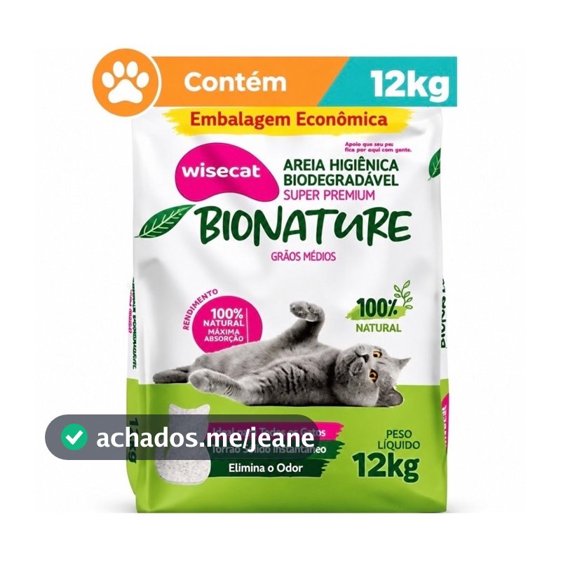 Areia Higiênica de Mandioca Biodegradavel 12Kg Para Gatos Wisecat Premium Granulado Bionature