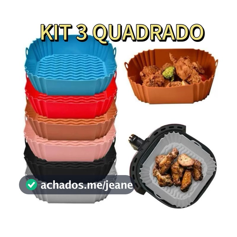 KIT 3 Formas de Silicone Grande Quadrada Antiaderente Assadeira Air Fryer e Forno para Fritadeira Elétrica com Alça