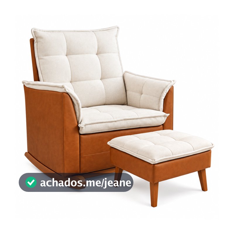 Poltrona de Amamentação Balanço Compose com Puff Pé Palito Boucle e Couro