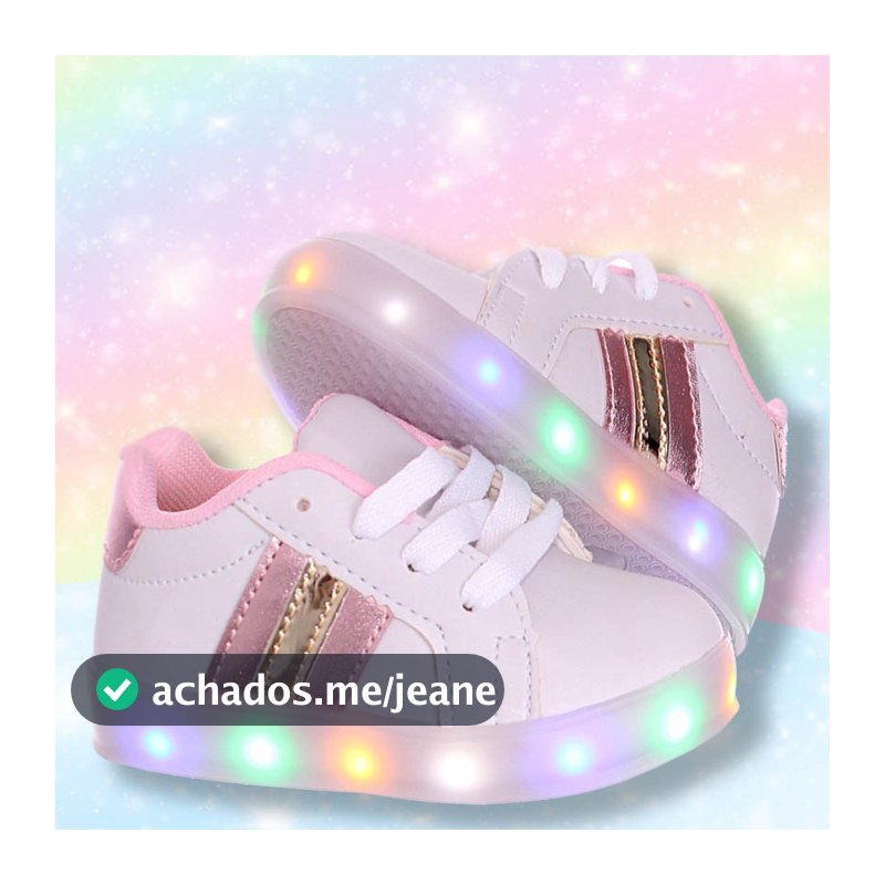 Tenis com luz de led colorida que pisca infantil feminino branco,rosa e dourado