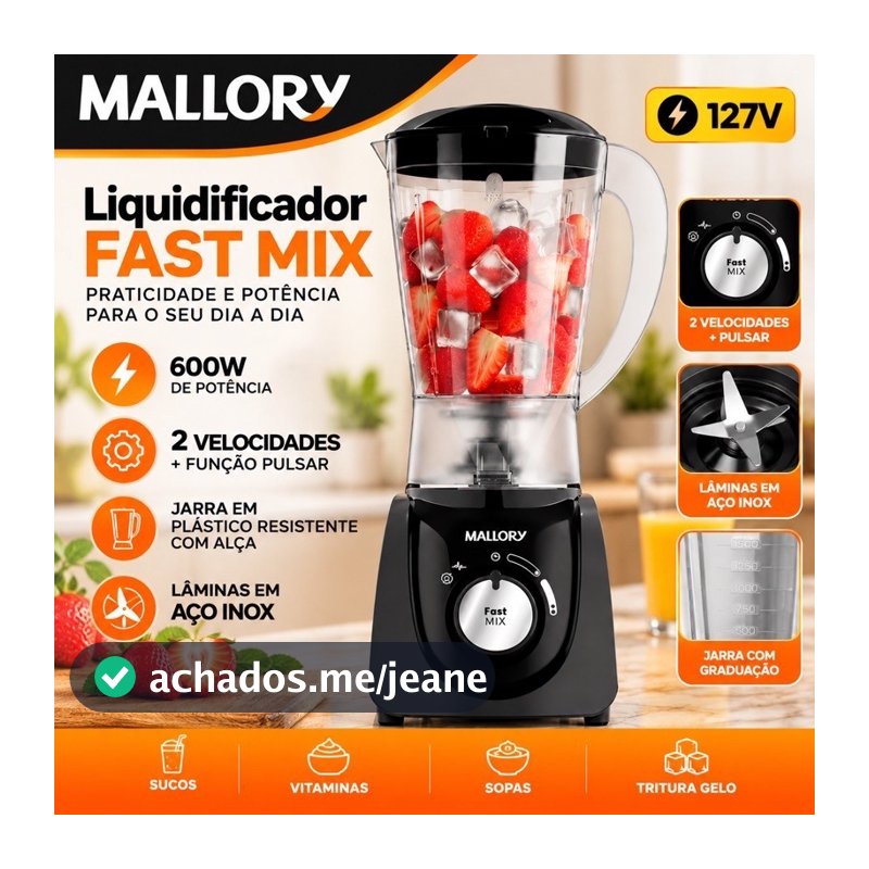 LIQUIDIFICADOR MALLORY FAST MIX 600W 2 VEL 127V PRETO