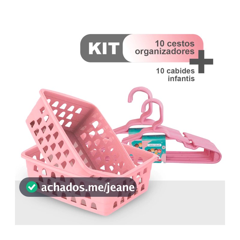 Kit 10 Cestinha Organizadora + 10 Cabides Infantil - Rosa, Azul ou Branco