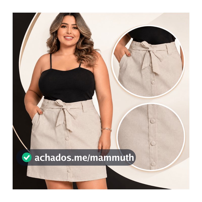 Saia Plus Size Curta Alfaiataria Linho Laço e Forro Cós Alto Com botões