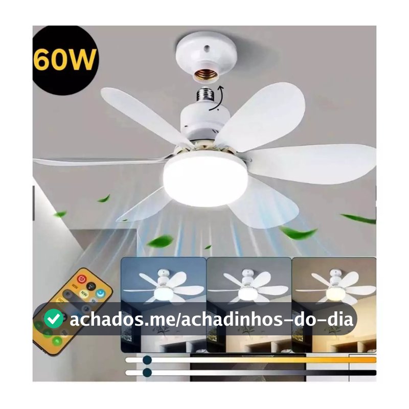 Ventilador de Teto com Lâmpada LED E27 6 Pétalas 60W 3 Velocidades Controle Remoto