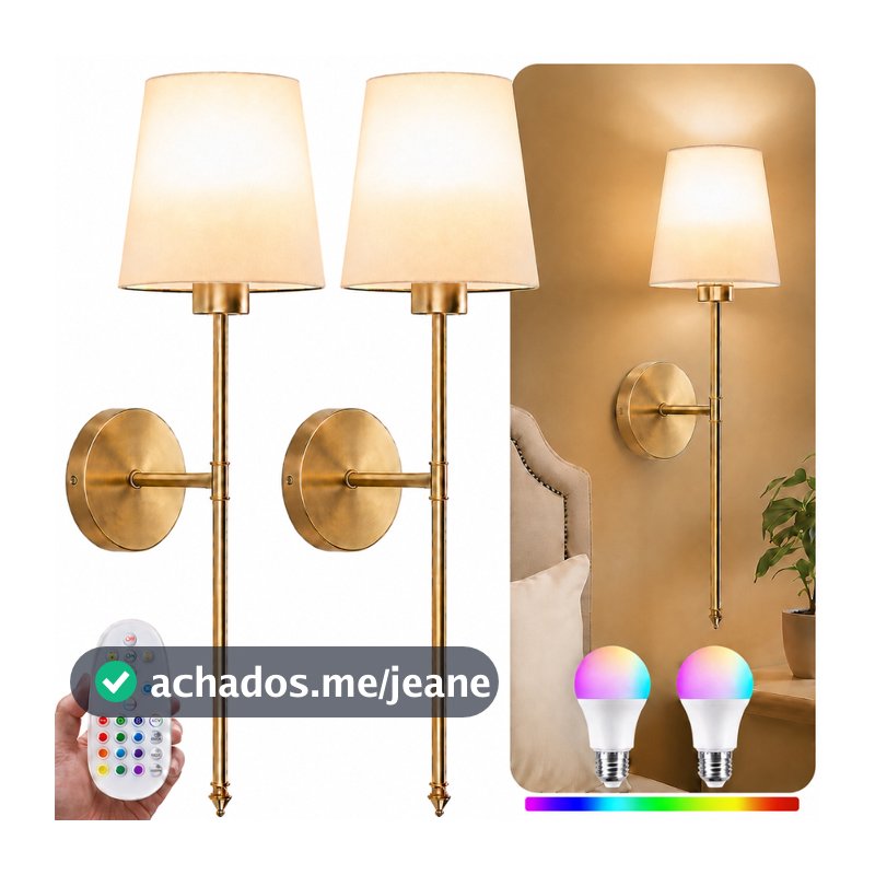 Kit 2 Arandelas Parede Dourada Cúpula Cônica Tecido Bege, RGB Controle Remoto, Lâmpada Recarregável ou Fio Quarto Sala