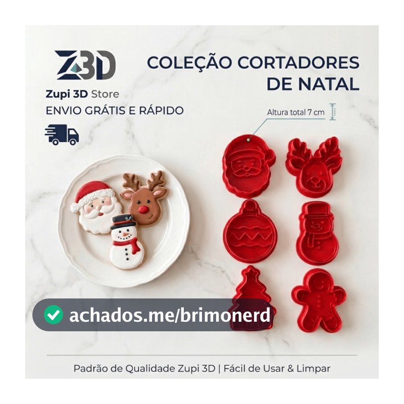 Kit 6 Cortadores De Biscoito Moldes Assar 3D Natal Marcador Com Puxador 7cm