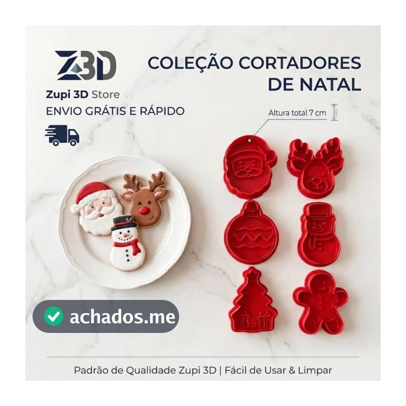 Kit 6 Cortadores De Biscoito Moldes Assar 3D Natal Marcador Com Puxador 7cm