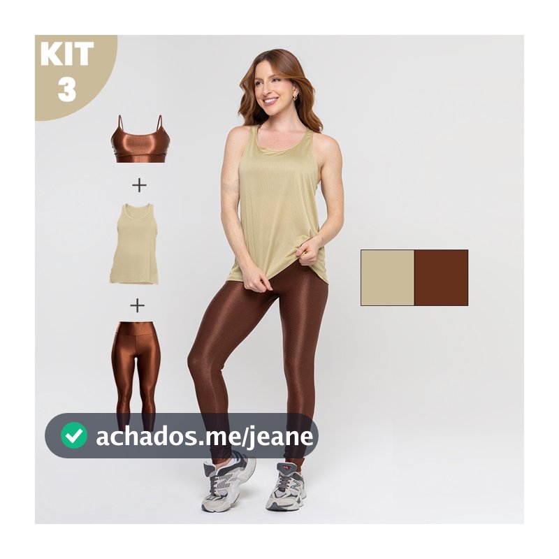 Kit 3 peças Legging e Top Fitness Trilobal Canelado Brilhoso + Regata Dry Feminino
