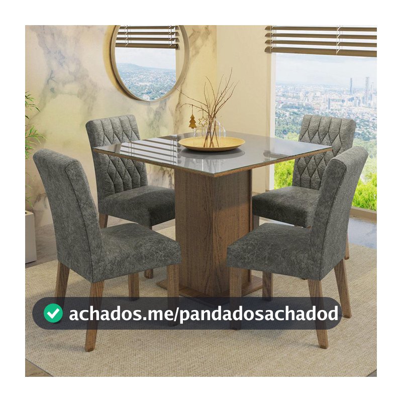 Conjunto Sala de Jantar Mesa Tampo de Vidro 4 Cadeiras Rustic/Cinza/Silver Anaju Madesa
