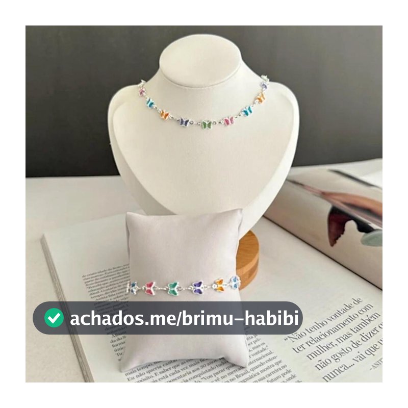 Colar e Pulseira Borboleta Colorida a Prata 925 Antialergico