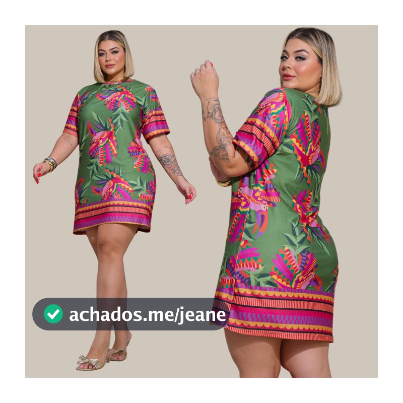 Vestido Feminino Pluss Size Gola Redonda Manga Estampado Curto Casual Malha Fria