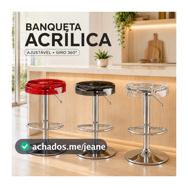 Banqueta Bar Acrílico Giratória Altura Regulável Banco Cromado Moderno Para Balcão Cozinha Bar Residencial