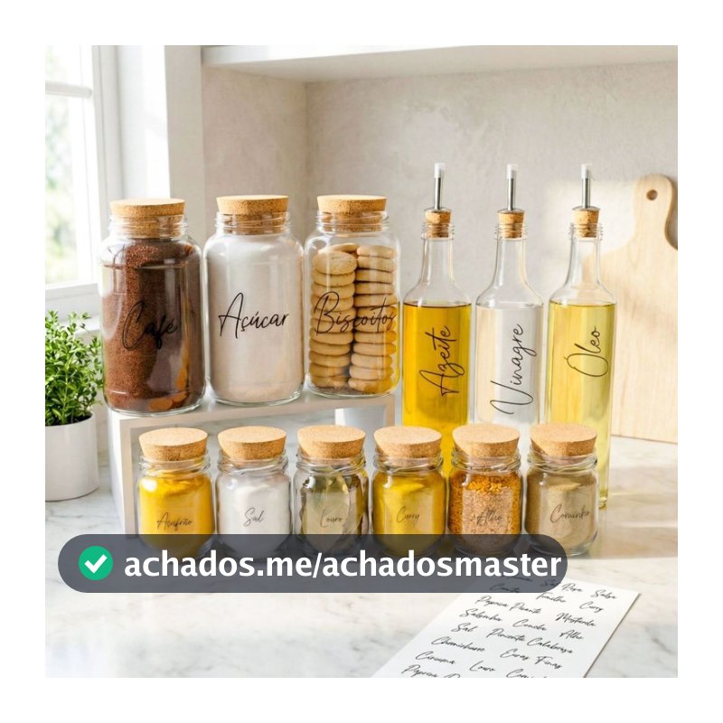 KIT 12 PEÇAS - 3 Potes Cantinho do Café, 6 Potes de Tempero com Etiquetas e 3 Galheteiros | Armazenamento Vidro, Cozinha