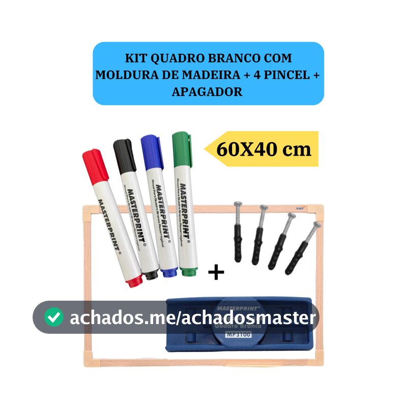 Lousa Branca Quadro Branco 60x40cm + 4 Pincel Marcadores  + 1 Apagador Didática Média
