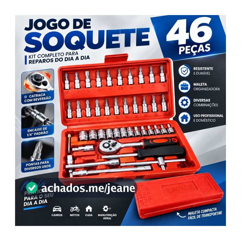 Jogo Ferramentas 46 Peças Completo Catraca Soquetes Bits Uso Doméstico E Automotivo