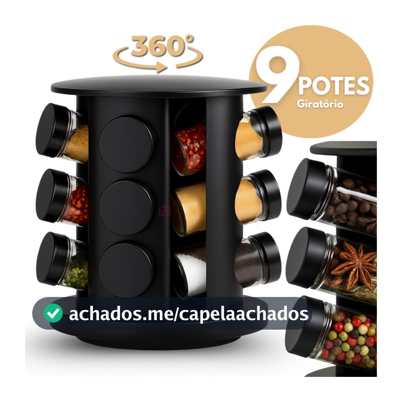 Porta Temperos Profissional Giratório 9 Potes Vidro PROMOÇÃO com Tampa Dosadora Condimentos