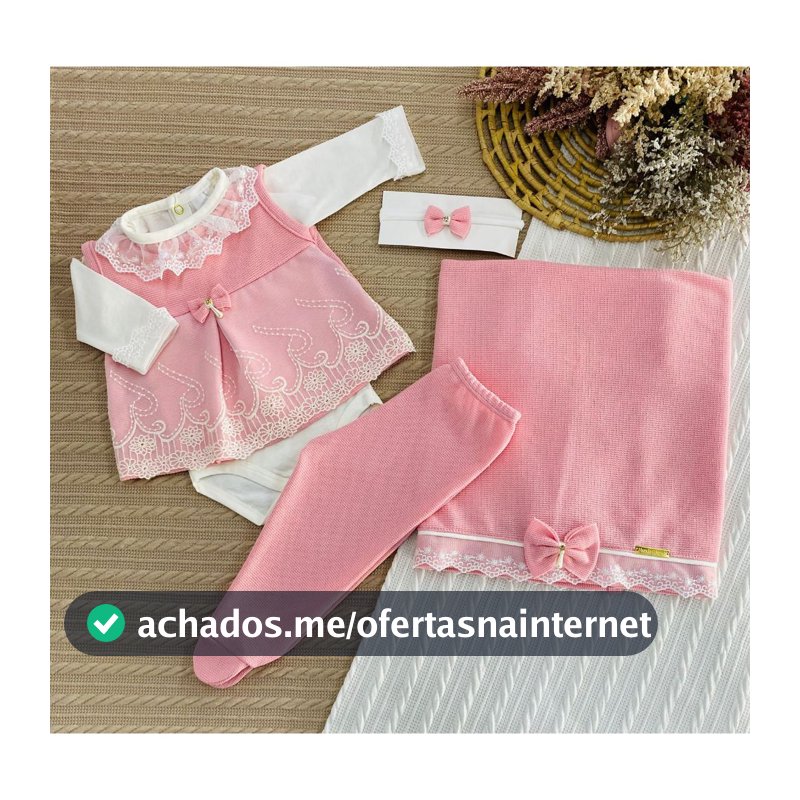 Conjunto RN Saída de Maternidade 4 Peças com Manta, Tule Bordado e Faixa com Laço