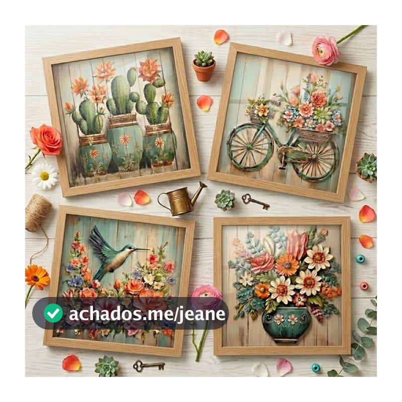 Kit 4 Quadros 18x18 cm Decorativos Banheiro, Varanda, Cactos, Flores, moldura e vidro
