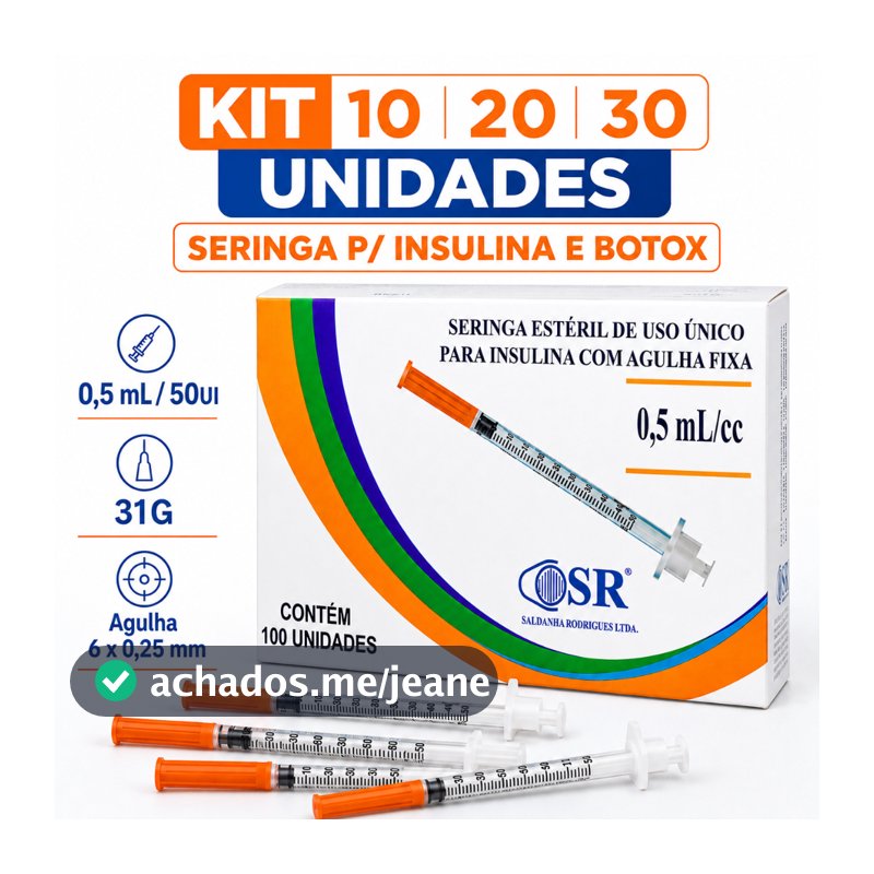 Seringa P/ Insulina e Botox 0,5ml 50UI Agulha 6x0,25 31G SR 10 a 50 Un
