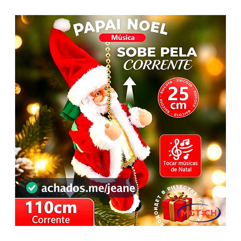 Boneco Papai Noel Na Corda 100cm Sobe E Desce Musical Decorar Árvore De Natal
