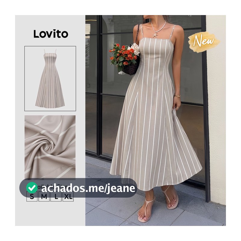 (New Arrival) Lovito Vestido Feminino Boho Listrado Longo evasê Com zíper Casual primavera/verão Fim De semana/férias DRB39BR101