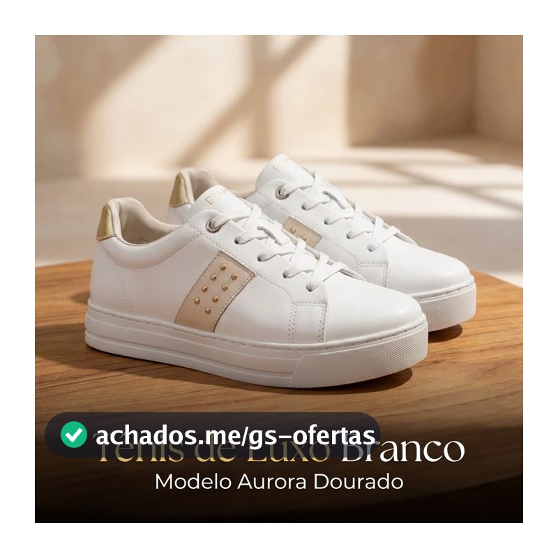 Tênis Feminino Branco Casual com Detalhes Dourados Confortável Moda Casual Aurora Luxo