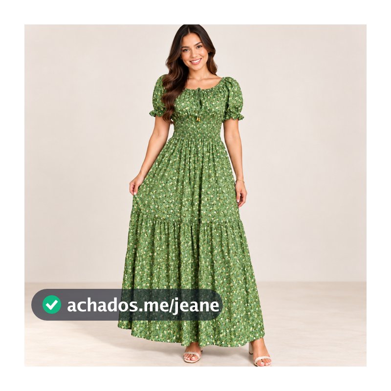 Vestido Longo Feminino Floral Estampado Viscolinho com Lastex na Cintura e Forro