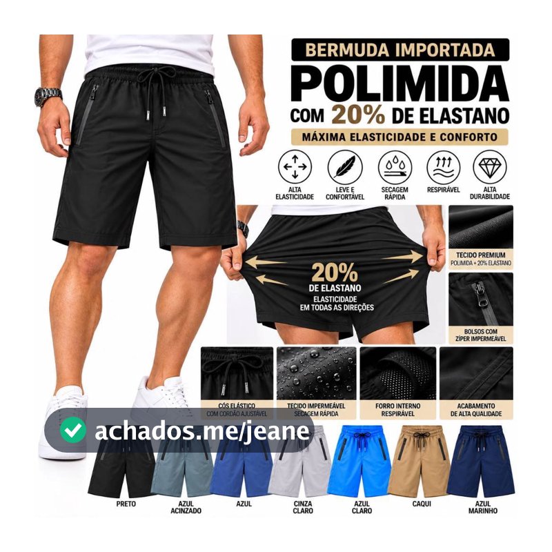 Bermuda Masculina Poliamida com Elastano - Confortável, Não amassa, Fresco - Importada
