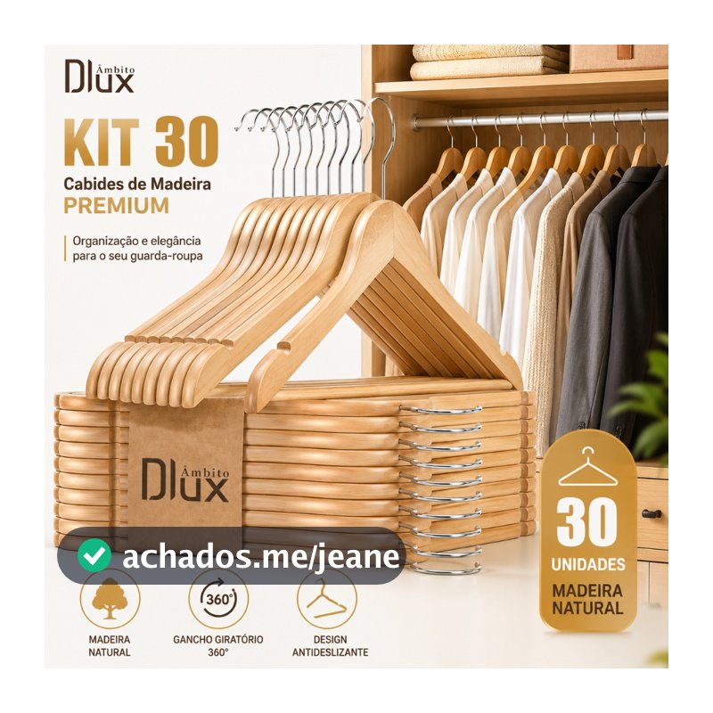 Ambito Dlux Kit 30/20 Cabides De Madeira Premium Com Gancho Cromado Para Organizar Roupas E Armário