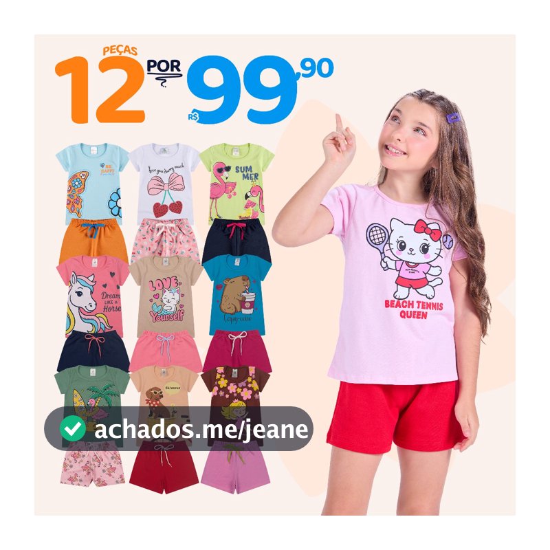 Kit Sortido 12 Peças de Roupas Juvenil Menina - 6 Camisetas + 6 Bermudas - Kit com 6 Conjunto de Verão Feminino Juvenil