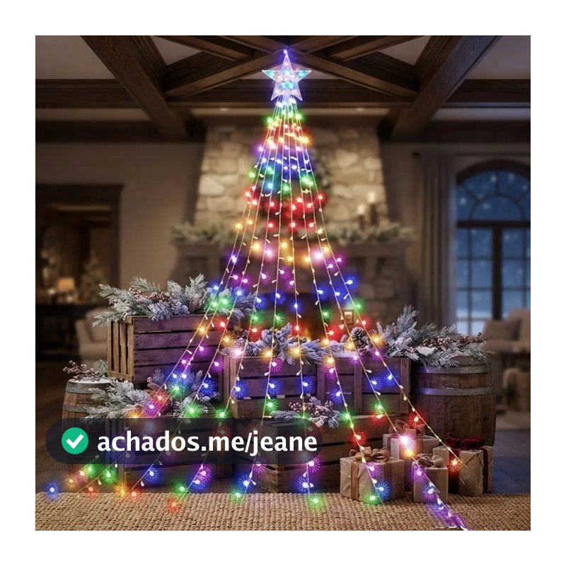 Kit Árvore De Natal Led 2 Metros 10 Tiras Colorida + Estrela Led 23cm Rgb 8 Funções Pisca Pisca
