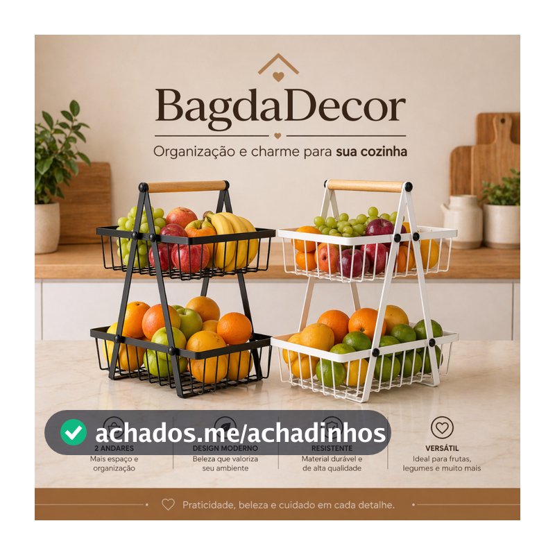 Fruteira Aramada de Ferro com Bambu 2 Andares | Multiuso Elegante para Cozinha e Bancada Premium!