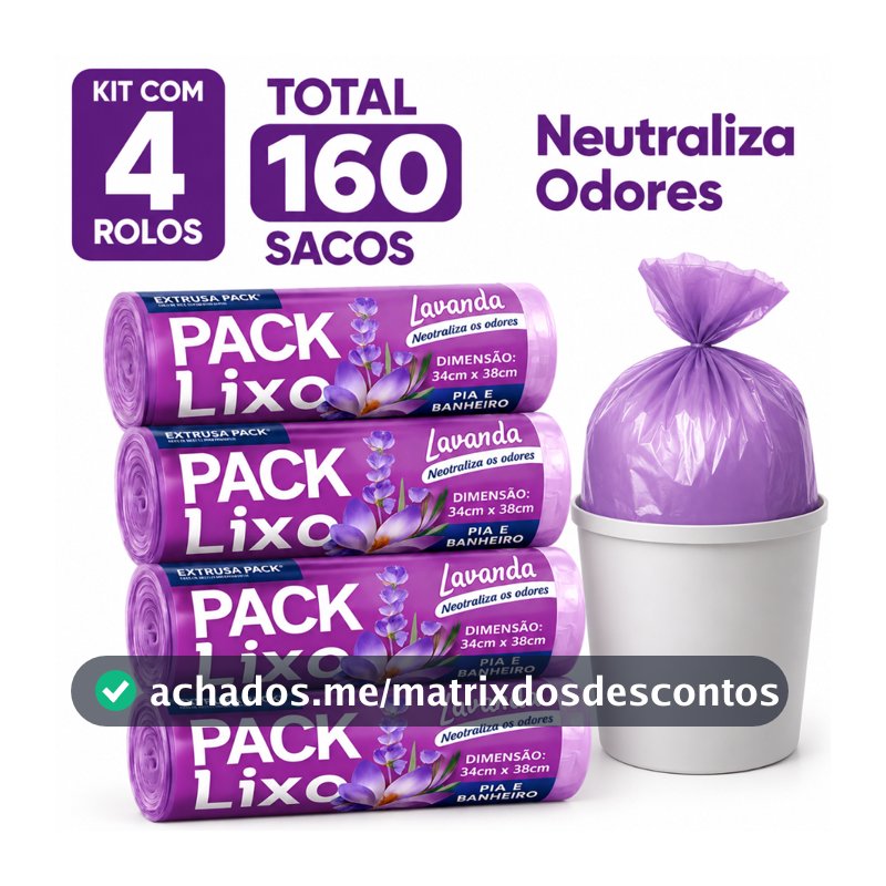 Saco de Lixo Lavanda Perfumado 34x38cm 3kg para Pia e Banheiro Neutraliza Odores Kit 40 80 120 ou 160 Sacos