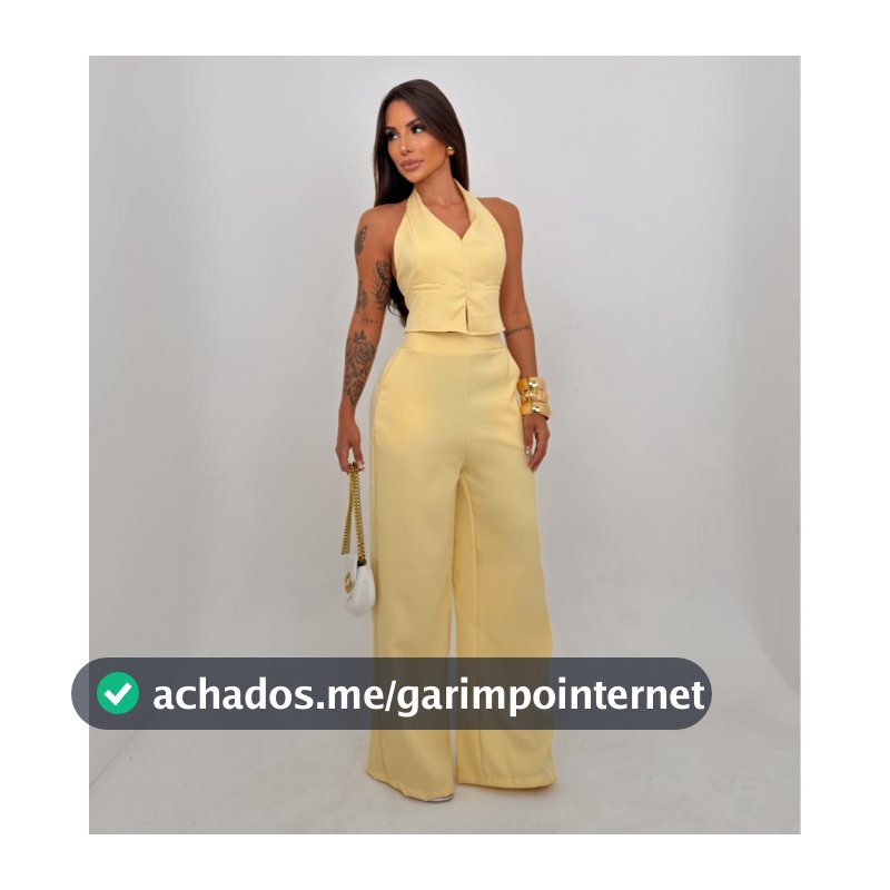 Conjunto Feminino Alfaiataria Calça Pantalona Cintura Alta e Cropped Colete Frente Única Elegante