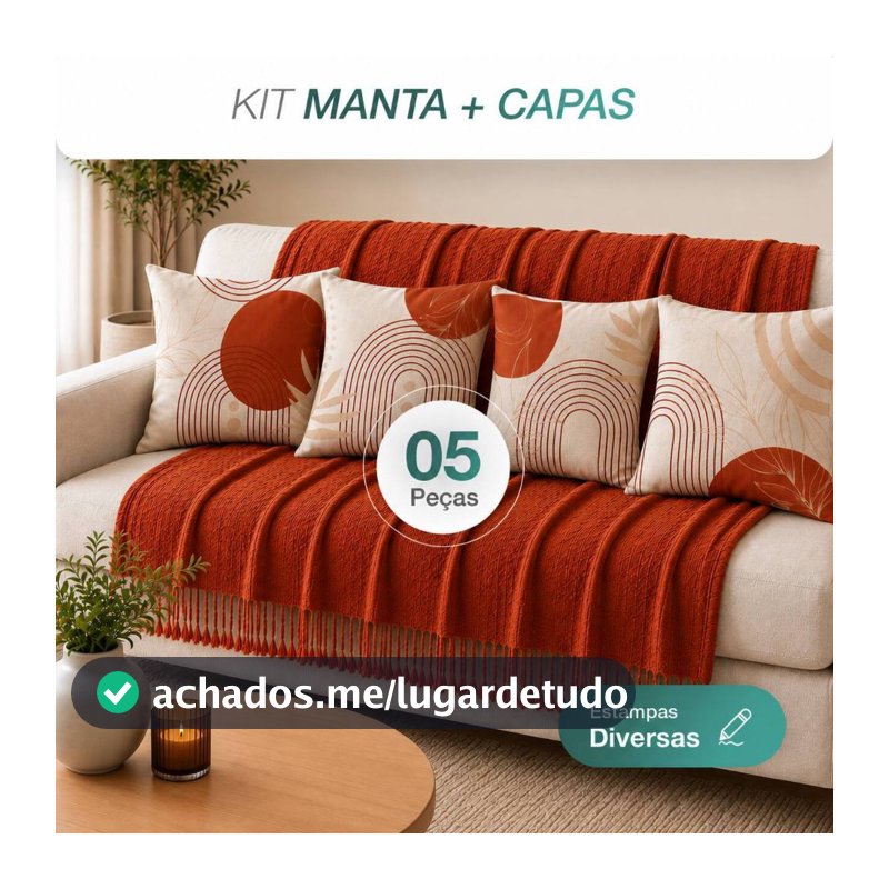 Kit Manta Decorativa P + 4 Capas de Almofadas Estampa Digital para Sala