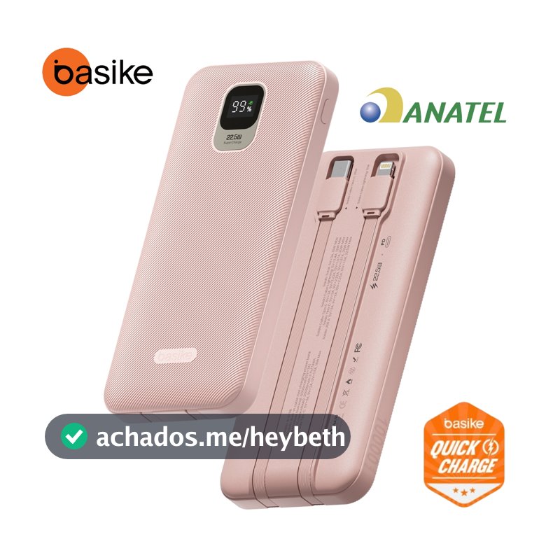 Basike Power bank cabo incluso 20000/10000 mAh portátil Display Digital Compatível com Android e Apple Rosa
