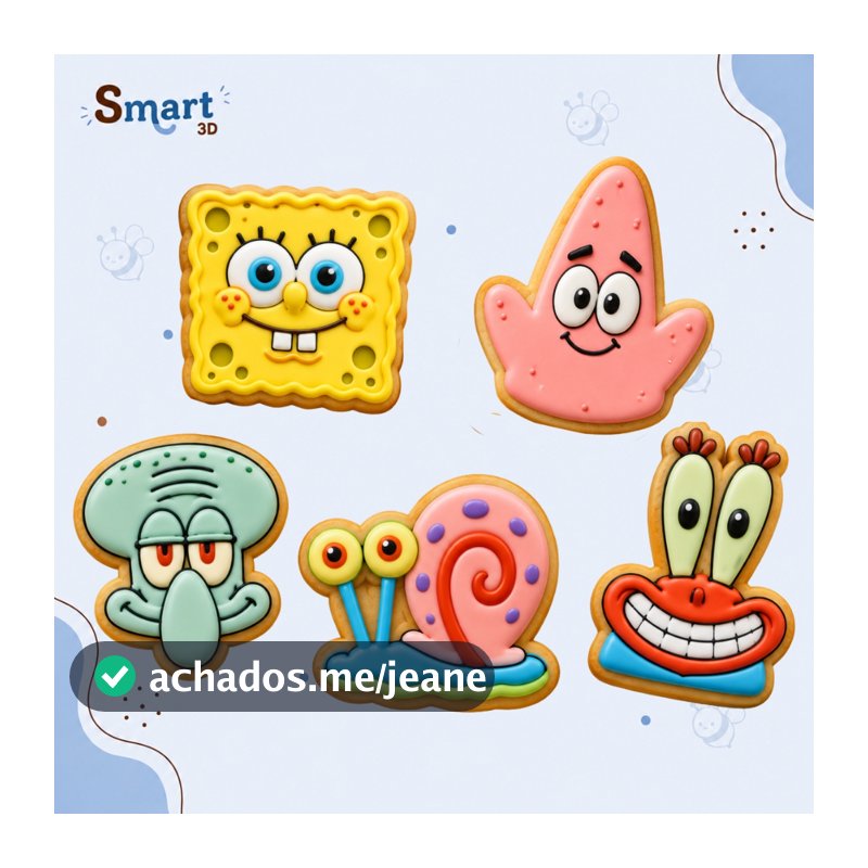 Kit com 5 Cortadores + Carimbo de Biscoito Pasta Americana Bob Esponja 5,5cm