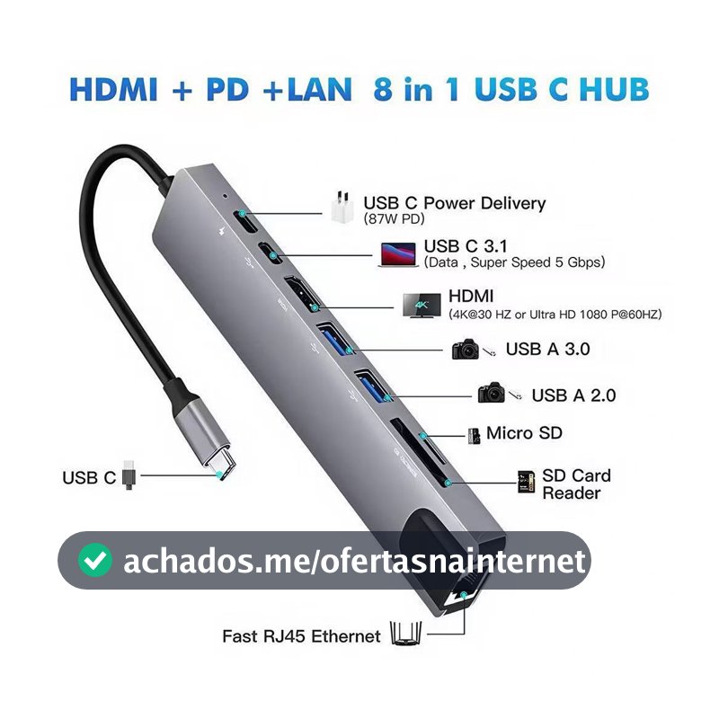 Adaptador Hub Tipo C 5em2/6em1/7 Em 1/ 8em1 HDMI Micro Sd Tf M1 4k Usb 3.0. E USB-A 4EM1. Para computador todo tipo