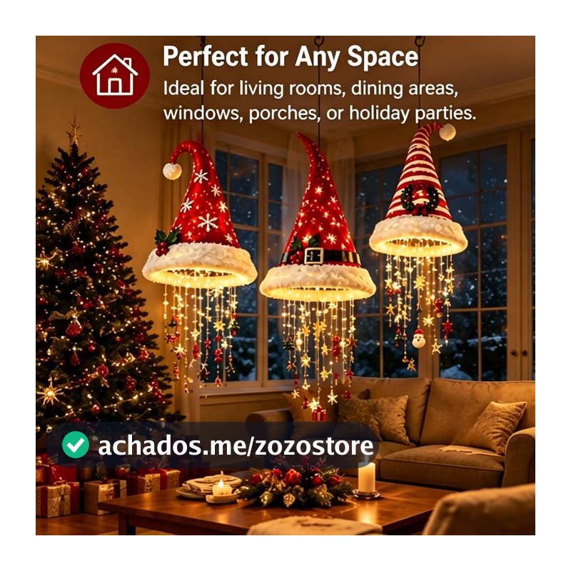 Luz de Natal pendente em forma de chapéu de Natal com enfeites.