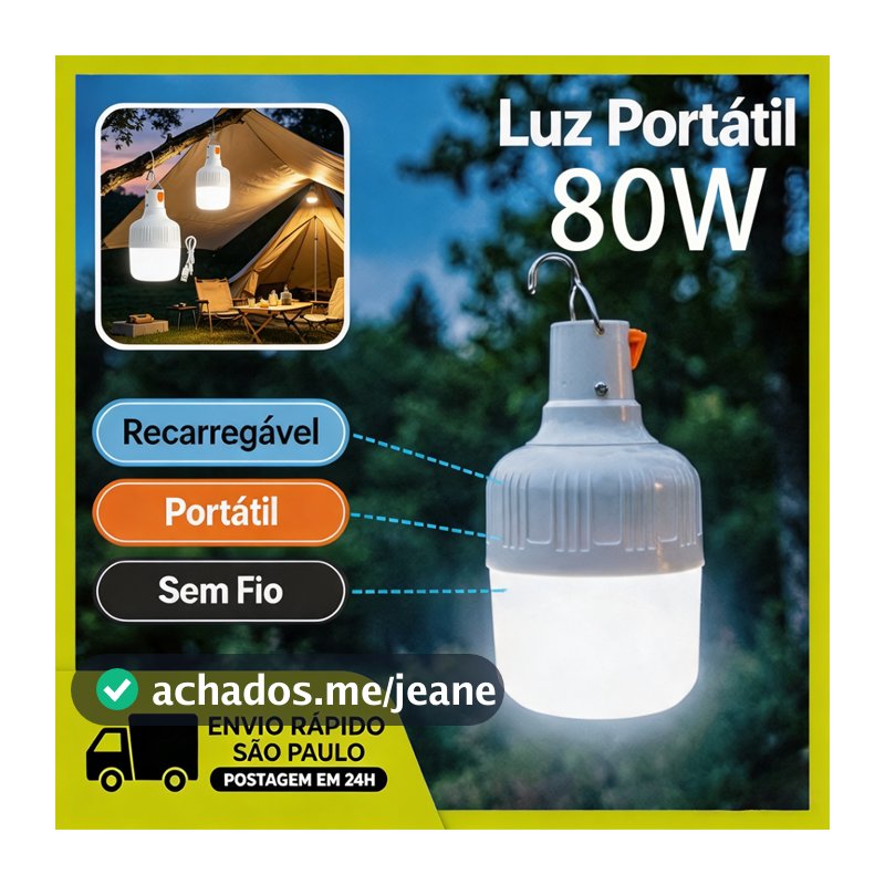 Holofote LED 80W Recarregavel Portatil Pesca Churrasco Jardim Area Externa Refletor Acampamento USB
