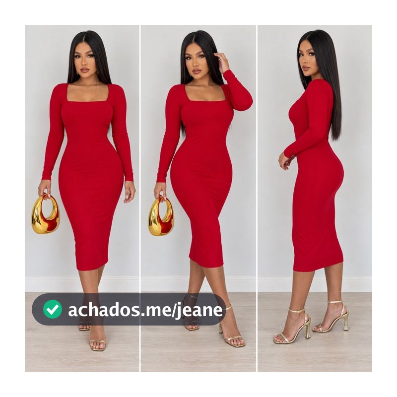 Vestido Midi Manga Longa Feminino Tubinho Liso Decote Quadrado Elegante Festa Trabalho Meia Estação