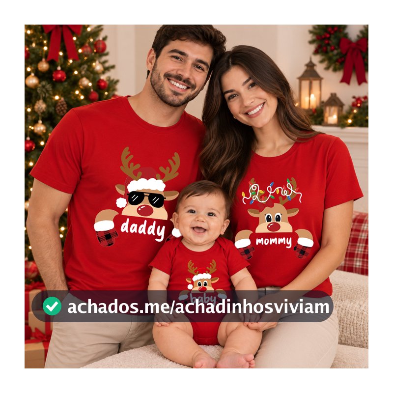 Kit Família Natal Camiseta Papai Mamãe e Body Bebê Estampa Rena Roupa Natalina Look em Família