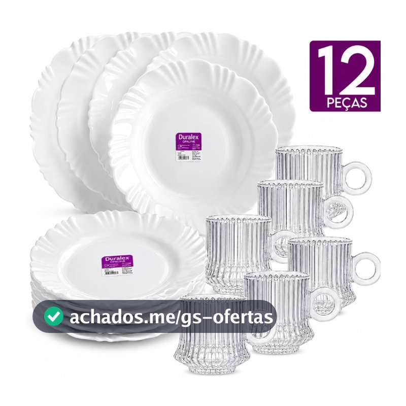 Kit 12 Peças Duralex Opaline 6 Pratos Petala Fundo Vidro Branco e 6 Xícaras Robust Canelada Buffet