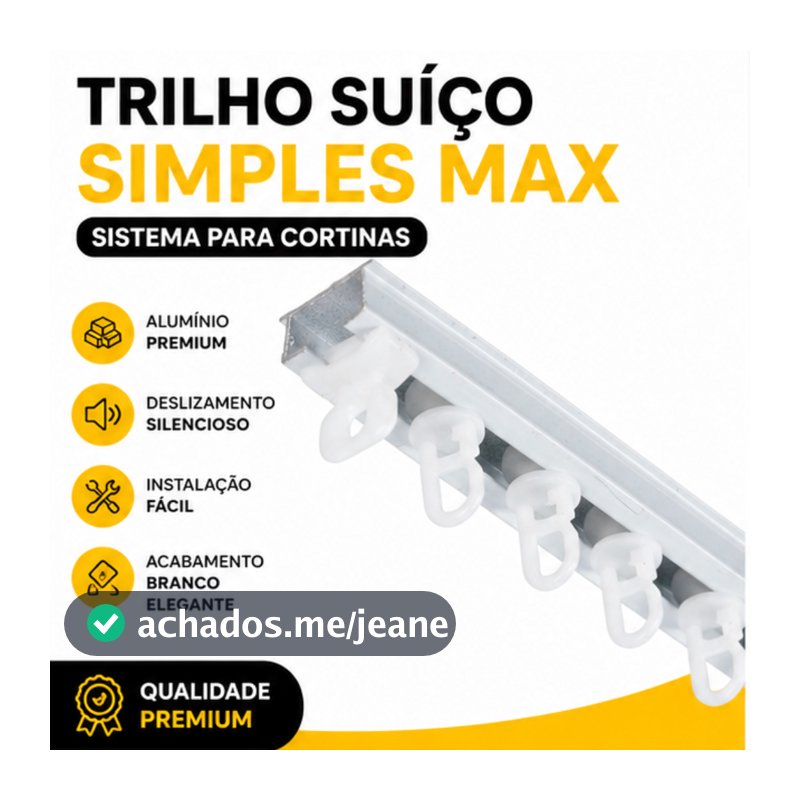 Trilho Suíço Simples Max Alumínio Branco Presilhas + Deslizantes + Terminais  + Parafusos para instalação