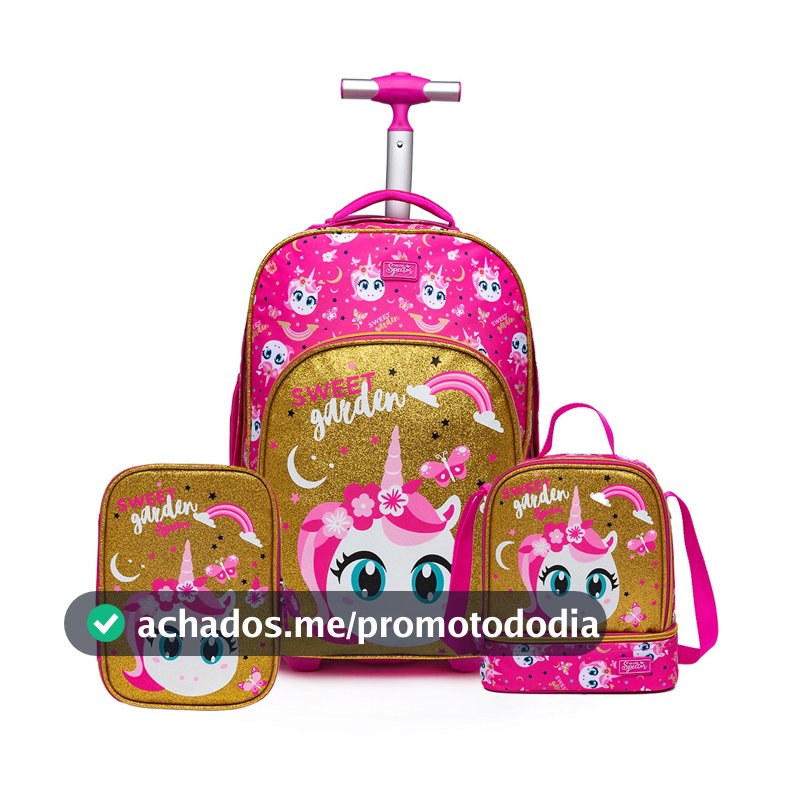 Kit Mochila Spector Infantil Rodinhas Estojo Grande Espaçoso Lancheira Térmica Unicórnio 32L