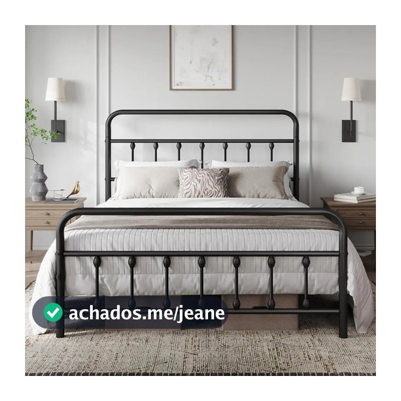 Cama De Casal De Tamanho Padrão Com Cabeceira De Ferro Preto